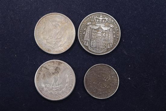 A William IV silver crown, 1836, GVF two Morgan dollars 1884 and 1900 and a Victoria silver double florin 1887 (4)